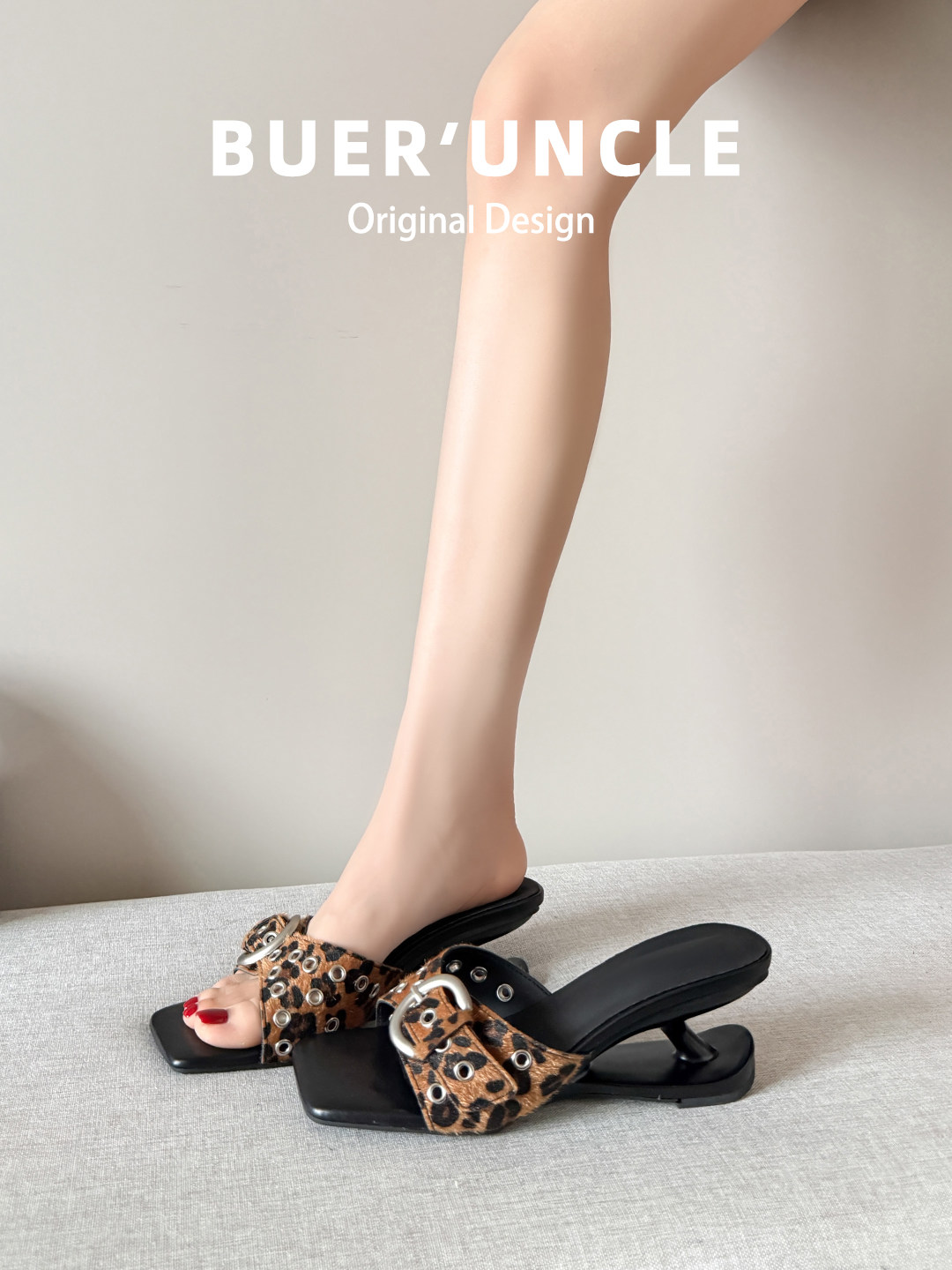 羊皮~豹纹一字拖鞋女夏外穿2026款方头露趾复古绝美悬浮高跟凉拖主图
