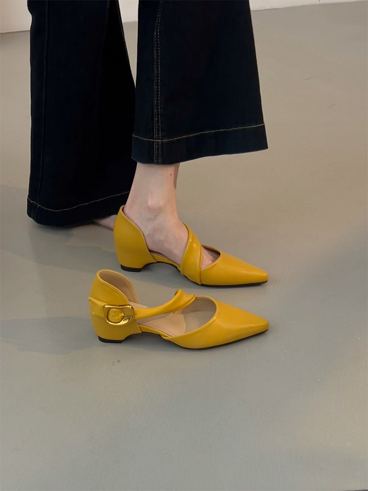 羊皮版~温柔气质显瘦尖头一字带镂空单鞋女夏真简约气质优雅凉鞋主图