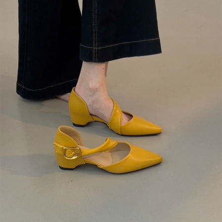 羊皮版~温柔气质显瘦尖头一字带镂空单鞋女夏真简约气质优雅凉鞋