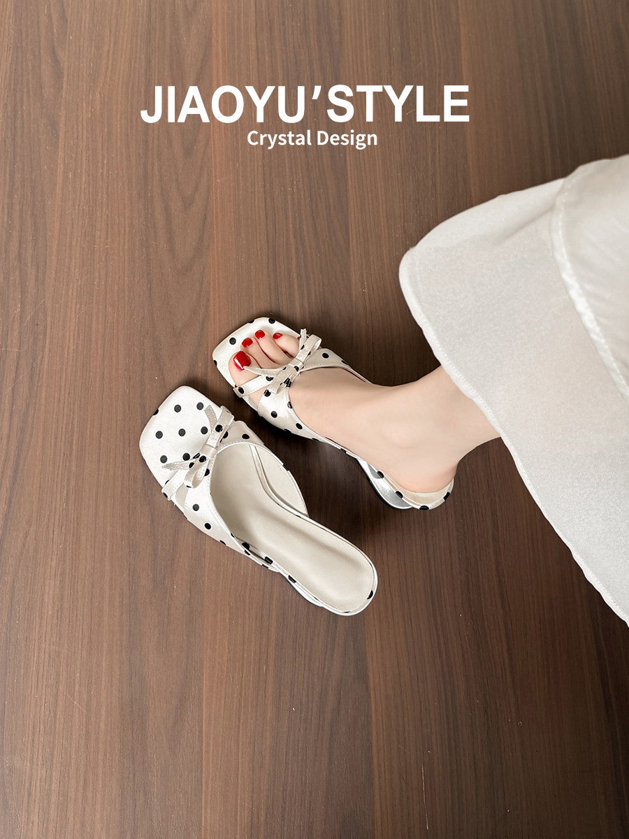 真皮~骄屿白色波点高跟一字拖鞋女夏外穿2026新款配裙子坡跟凉鞋主图