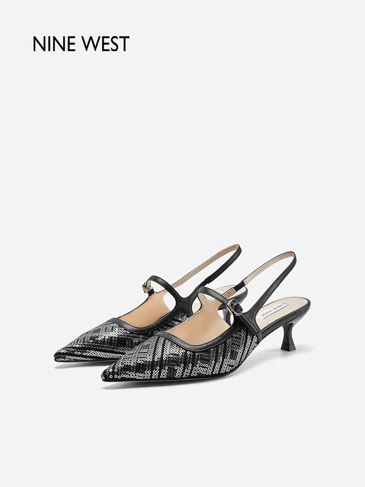 Nine West/玖熙名媛风亮片细高跟时装凉鞋女包头尖头黑色后空女鞋主图