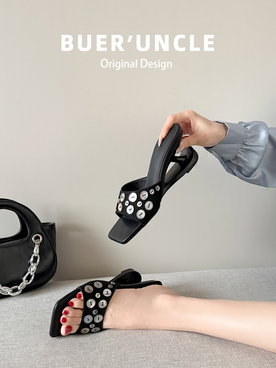 羊皮版~坡跟拖鞋女夏外穿2026新款方头露趾配裙子一字高跟凉拖主图