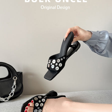 羊皮版~坡跟拖鞋女夏外穿2026新款方头露趾配裙子一字高跟凉拖