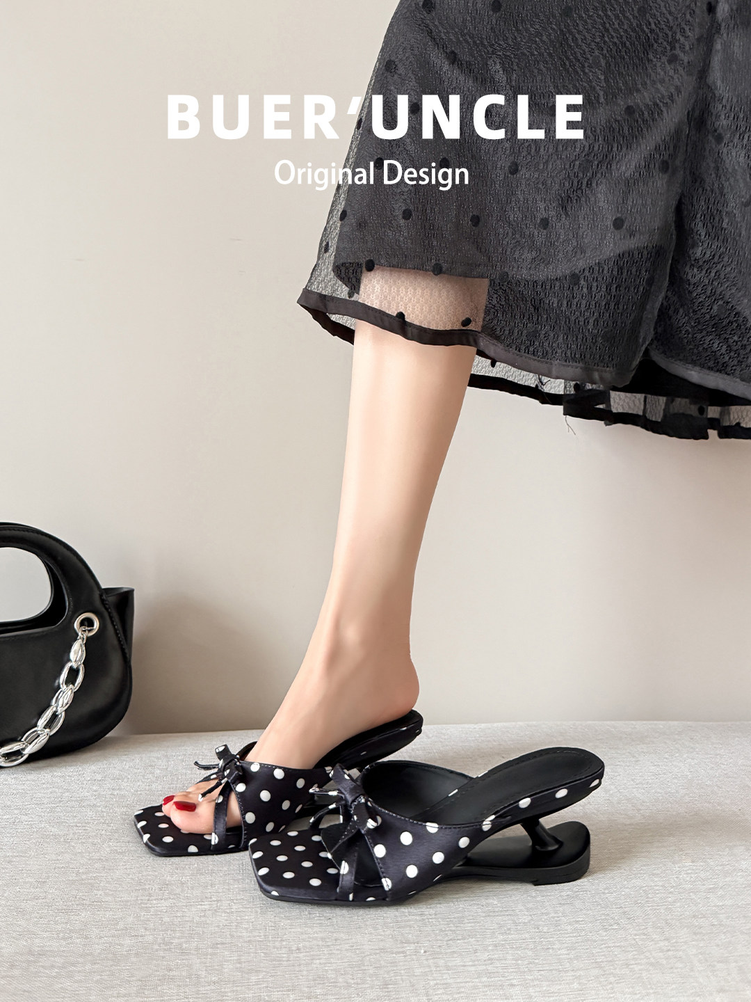 羊皮~高跟一字拖鞋女夏外穿2026新款配裙子波点绝美坡跟方头凉拖主图