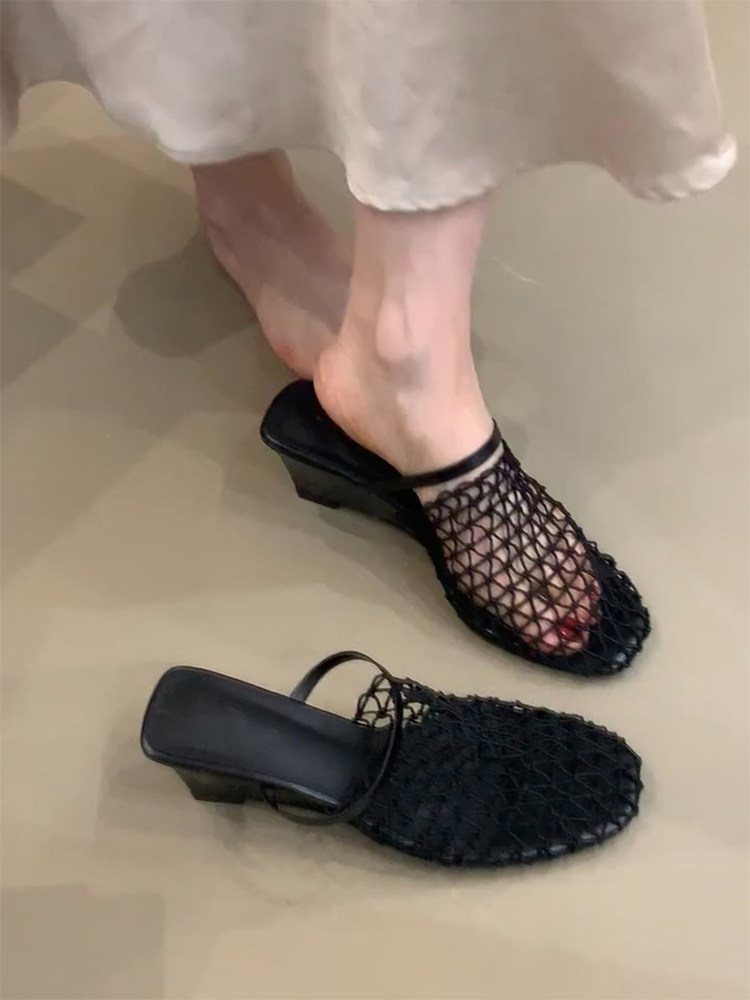 羊皮版~法式网面编织镂空包头半拖鞋女小众设计外穿不累脚凉拖鞋主图