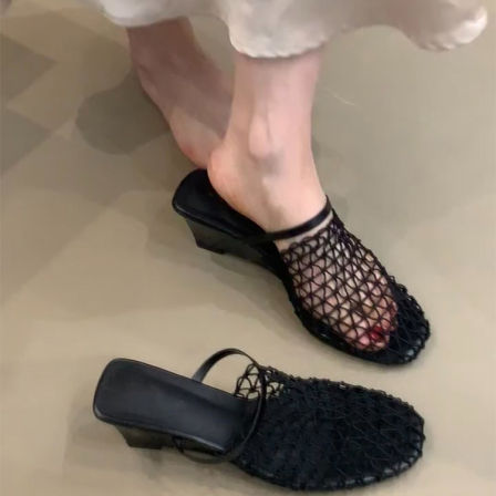 羊皮版~法式网面编织镂空包头半拖鞋女小众设计外穿不累脚凉拖鞋