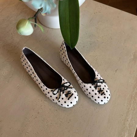 羊皮版~法式新款圆头蝴蝶结波点单鞋女一脚内增高马毛甜美芭蕾鞋