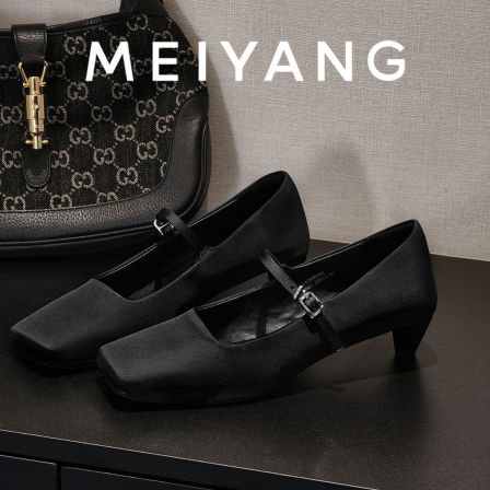 美洋MEIYANG 拉达单鞋 仿真丝优雅方头几何跟一字带玛丽珍-周三