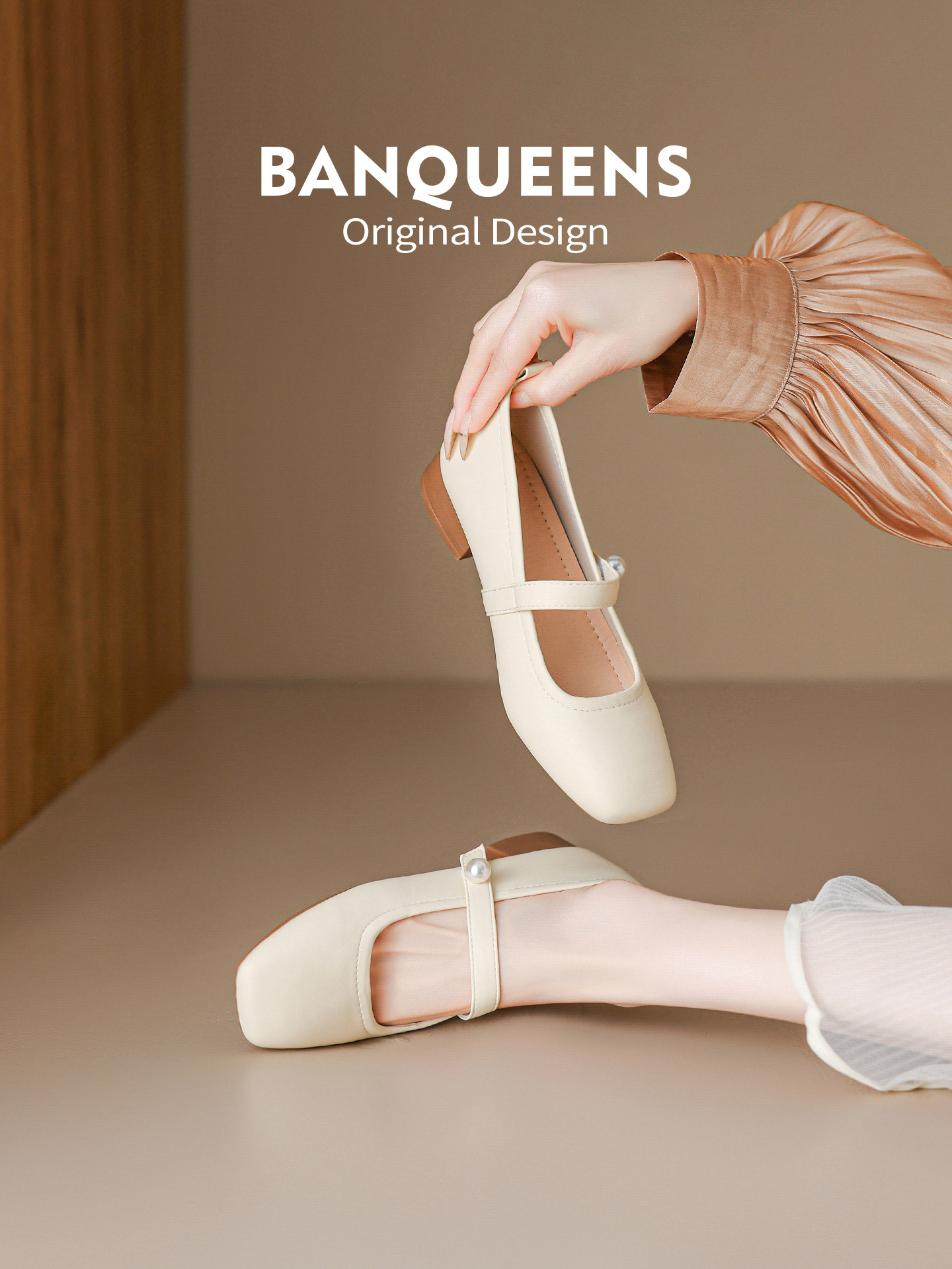 超软！半曲真皮法式低跟方头裸色玛丽珍鞋旗袍单鞋工作通勤女鞋子主图