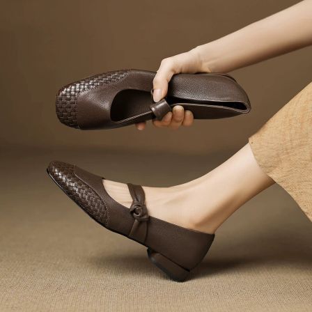 真皮编织玛丽珍女鞋春季粗跟方头奶奶鞋不累脚配裙子浅口单鞋