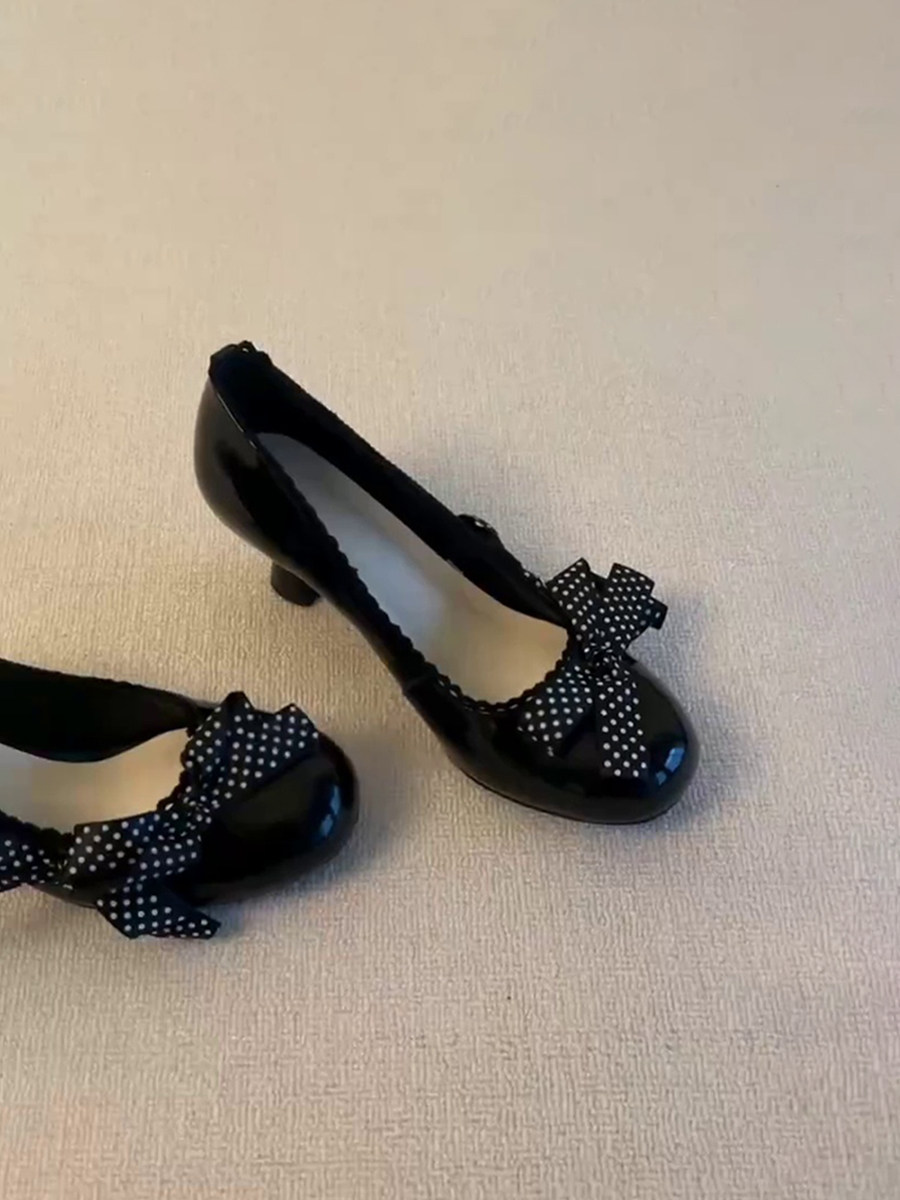 羊皮版~圆头法式复古波点蝴蝶结粗跟单鞋女浅口百搭一脚蹬高跟鞋主图