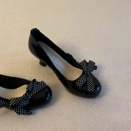 羊皮版~圆头法式复古波点蝴蝶结粗跟单鞋女浅口百搭一脚蹬高跟鞋