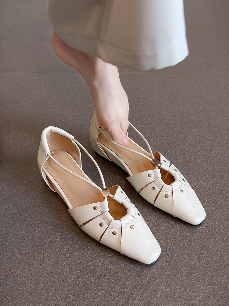 羊皮版~时髦复古方头镂空包头凉鞋女真皮简约不累脚外穿休闲凉鞋主图