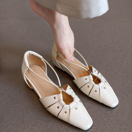 羊皮版~时髦复古方头镂空包头凉鞋女真皮简约不累脚外穿休闲凉鞋