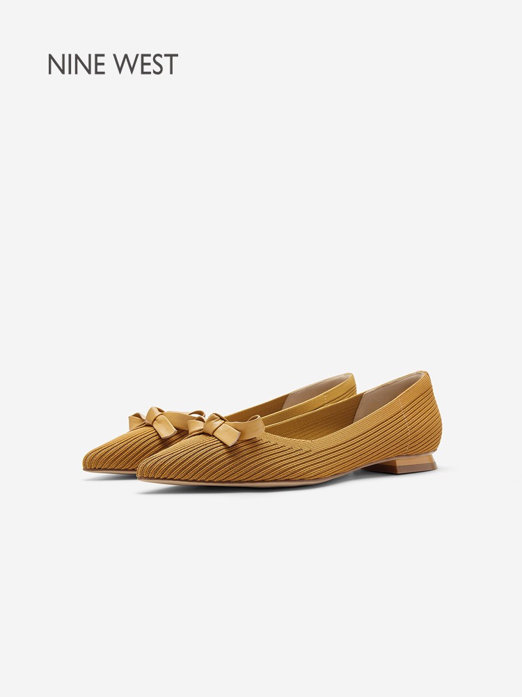 Nine West/玖熙尖头浅口单鞋女蝴蝶结平底通勤鞋黄色低跟休闲包鞋主图