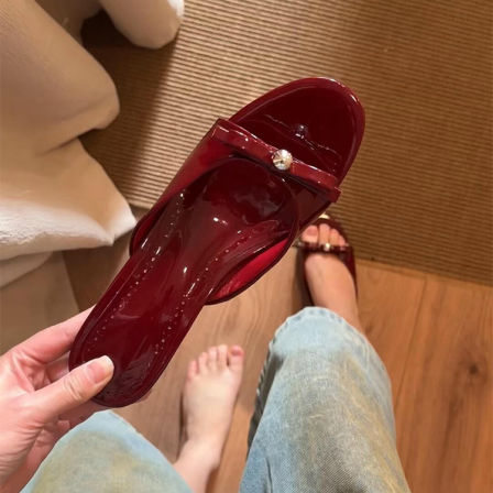 梨小七~红色漆皮一字拖女夏季小众设计猫跟凉拖鞋气质蝴蝶结凉鞋