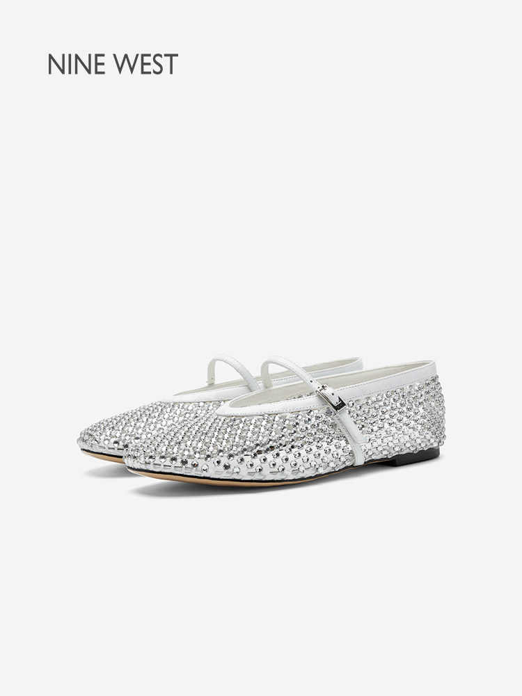 Nine West/玖熙满钻玛丽珍鞋女一字扣带平底单鞋银色编织亮片女鞋主图