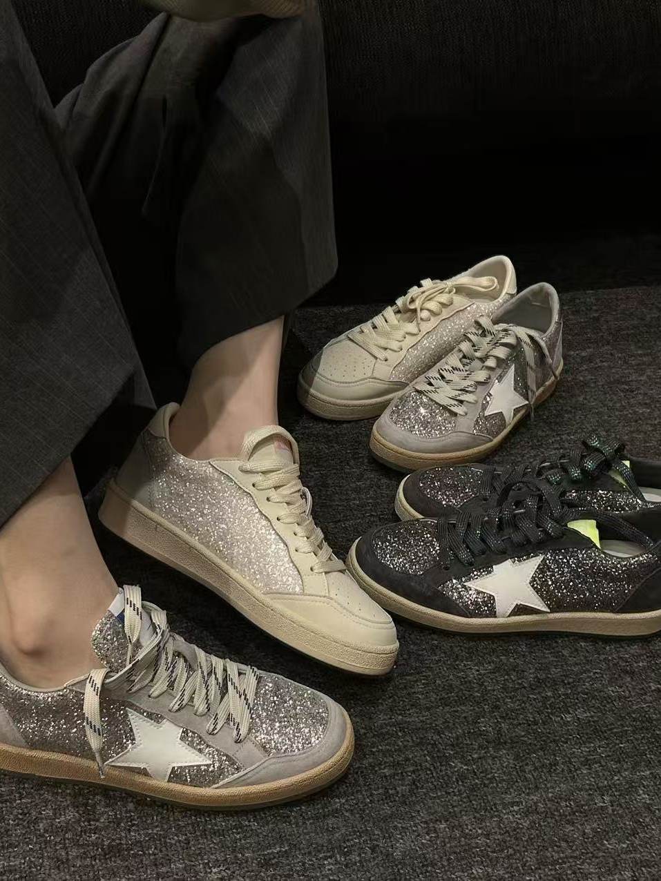 H55女鞋星月2026春季新款格利特闪片韩系平底休闲百搭板鞋星星鞋主图