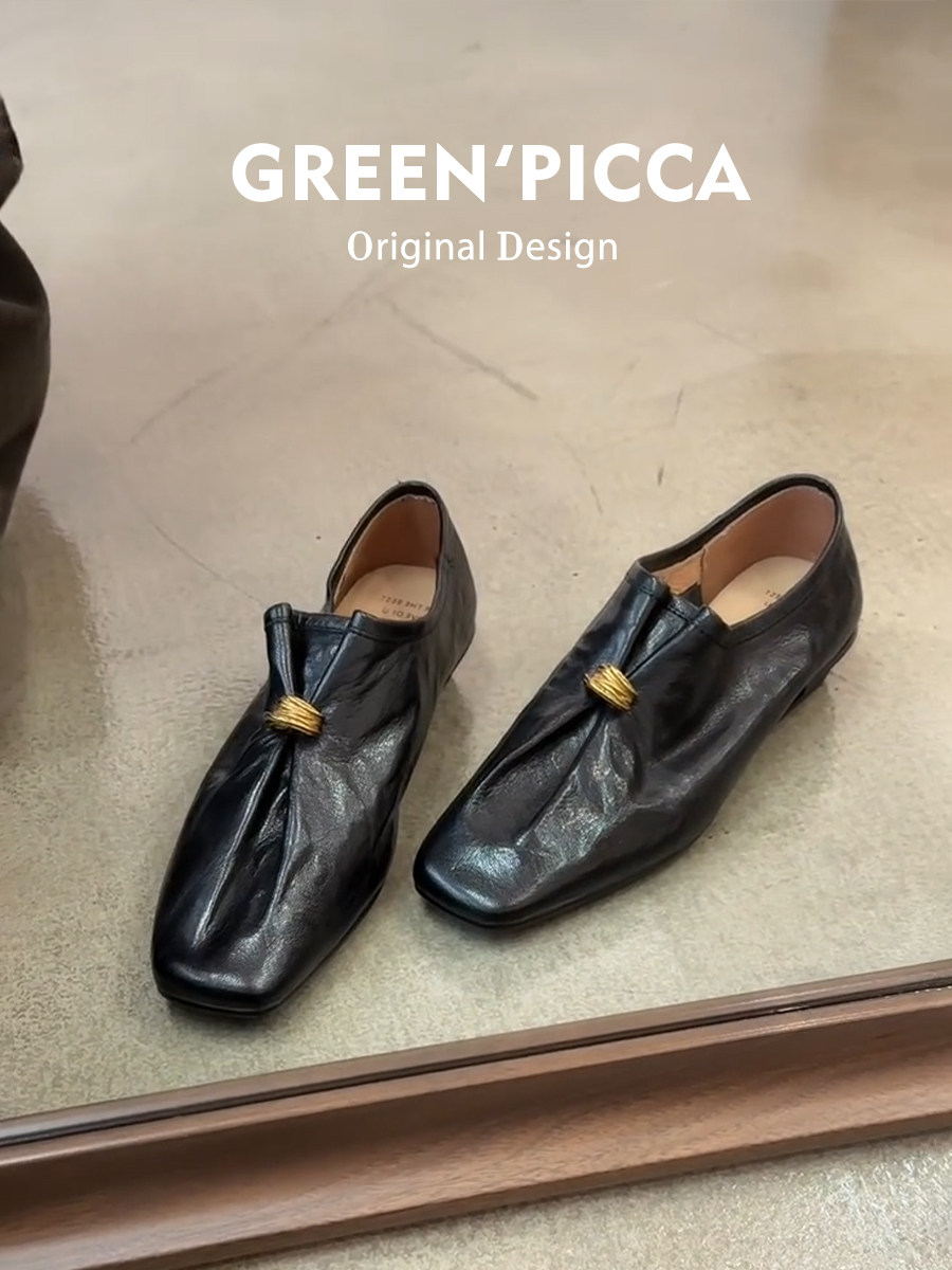 真皮版~复古褶皱乐福鞋女春季粗跟单鞋一脚蹬通勤百搭英伦小皮鞋主图