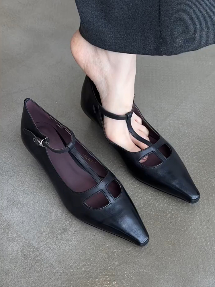 羊皮版~气质小高跟真皮玛丽珍鞋女复古新款小众时尚镂空百搭单鞋主图