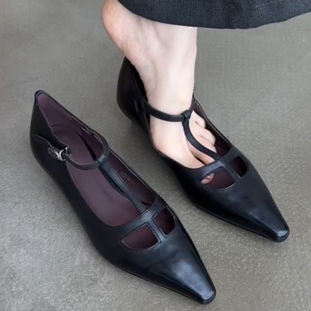 羊皮版~气质小高跟真皮玛丽珍鞋女复古新款小众时尚镂空百搭单鞋