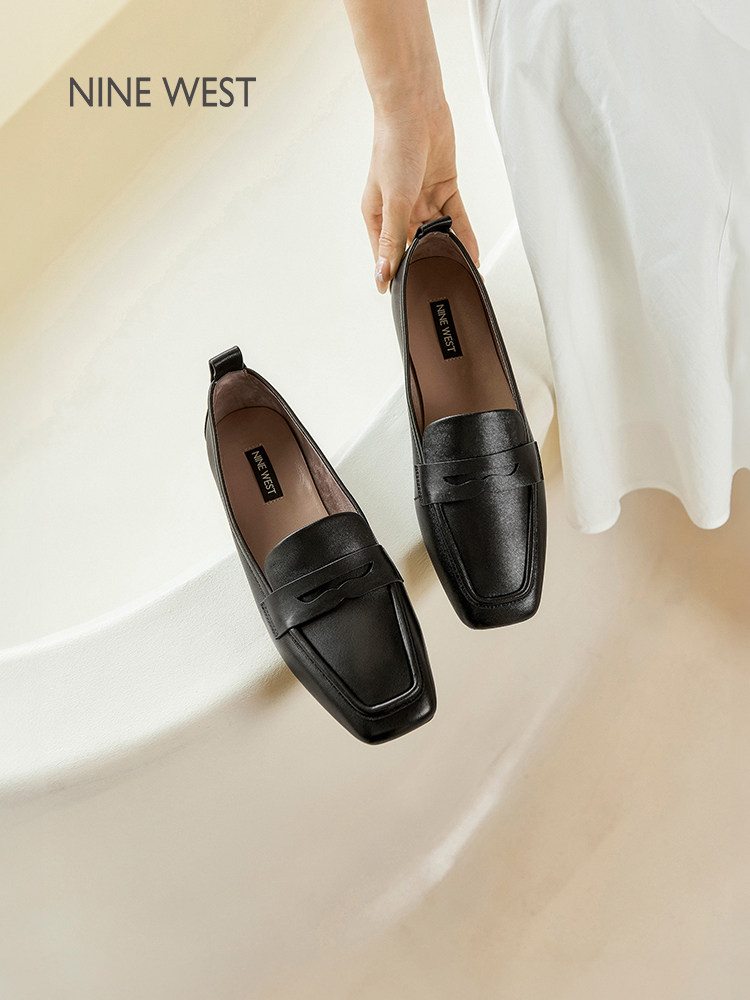 Nine West/玖熙真皮乐福鞋女英伦风一脚蹬豆豆鞋黑色单鞋平底女鞋主图
