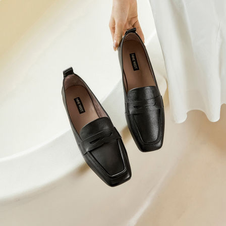 Nine West/玖熙真皮乐福鞋女英伦风一脚蹬豆豆鞋黑色单鞋平底女鞋