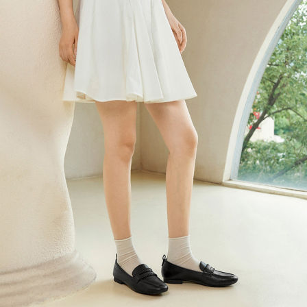 Nine West/玖熙通勤风真皮乐福鞋女平底一脚蹬黑色小皮鞋春季新款