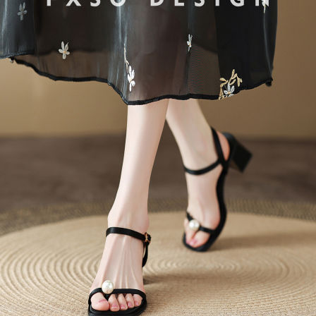 羊皮【方巷大叔】2026春季新款一字凉鞋粗跟珍珠脚腕带高跟凉鞋女