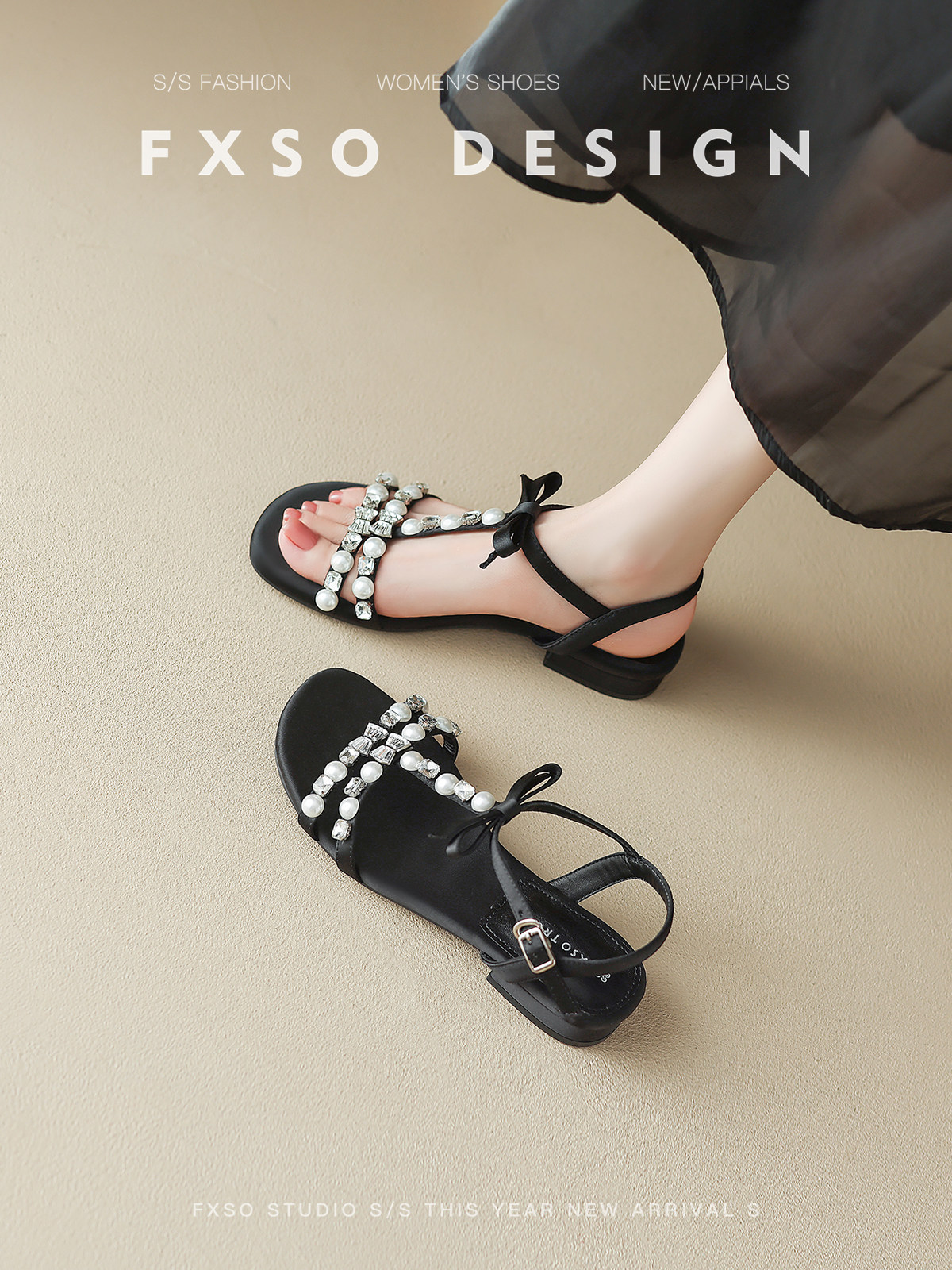 真皮【方巷大叔】2026春季新款一字凉鞋水钻粗跟通勤低跟凉鞋女款主图