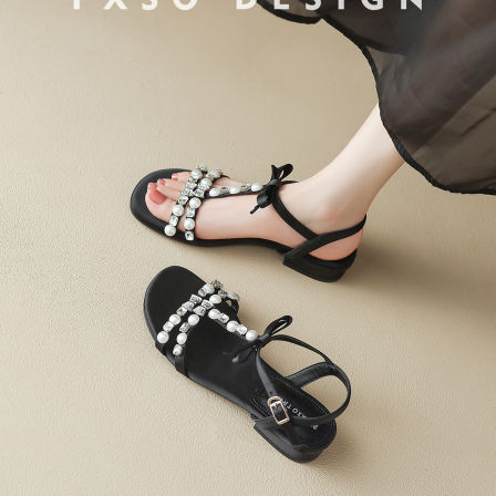 真皮【方巷大叔】2026春季新款一字凉鞋水钻粗跟通勤低跟凉鞋女款