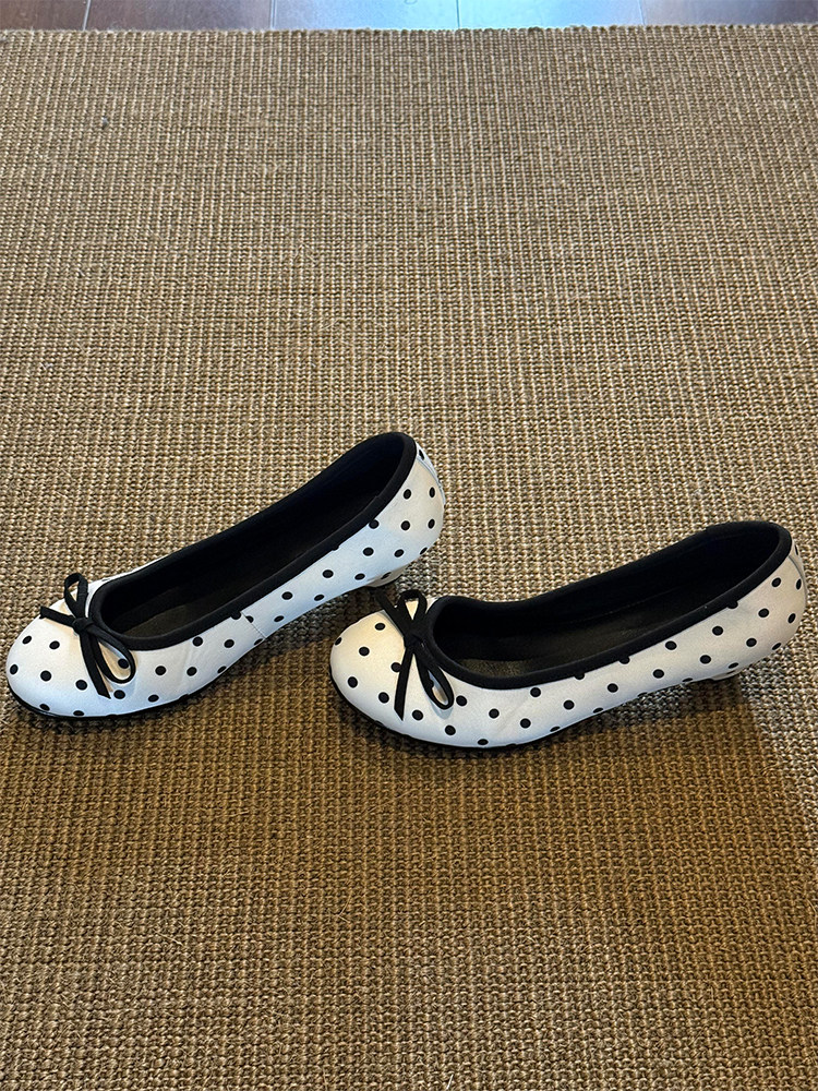 羊皮版~甜美蝴蝶结新款温柔波点单鞋女一脚蹬粗跟绸缎面玛丽珍鞋主图