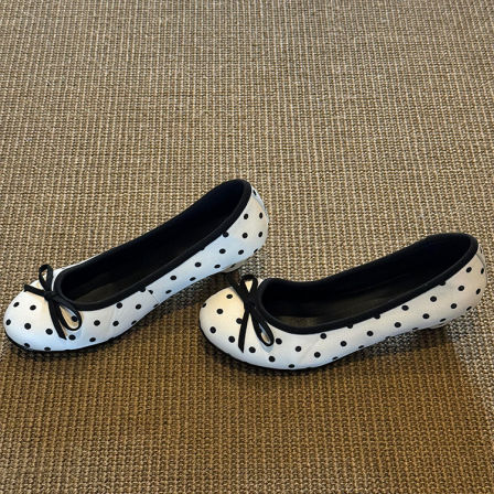 羊皮版~甜美蝴蝶结新款温柔波点单鞋女一脚蹬粗跟绸缎面玛丽珍鞋