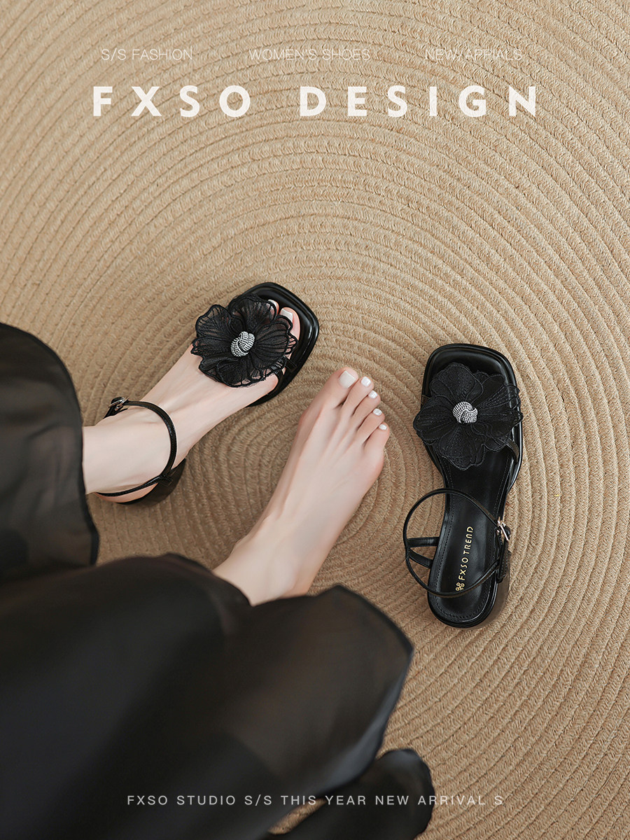 真皮【方巷大叔】粗跟凉鞋女2026夏季新款温柔花朵水钻高跟鞋子主图