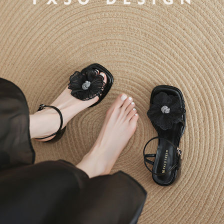 真皮【方巷大叔】粗跟凉鞋女2026夏季新款温柔花朵水钻高跟鞋子