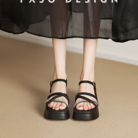 真皮【方巷大叔】罗马凉鞋女2026夏季新款小个子水钻厚底增高鞋子