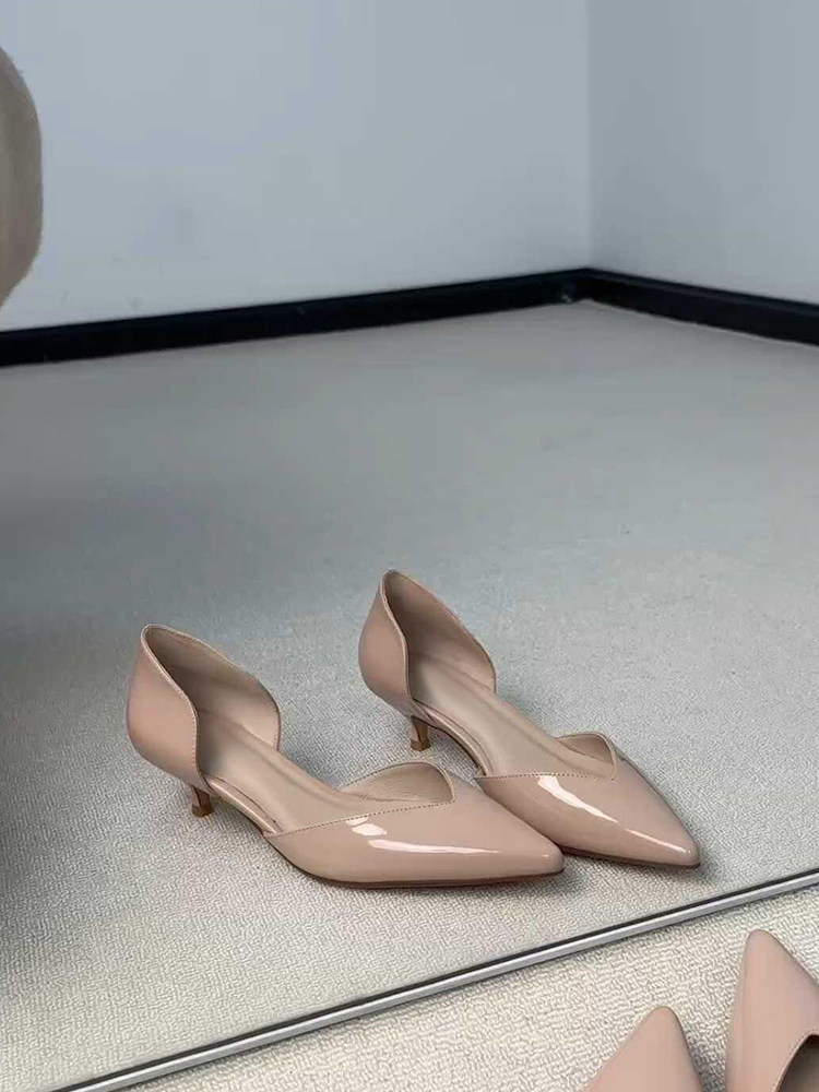 羊皮版~法式漆皮尖头浅口晚晚风单鞋女小高跟中空简约裸色通勤鞋主图