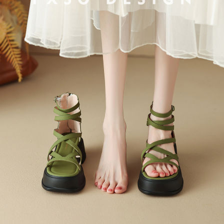 真皮【方巷大叔】2026春季新款罗马凉鞋厚底高帮外出绑带凉鞋女款