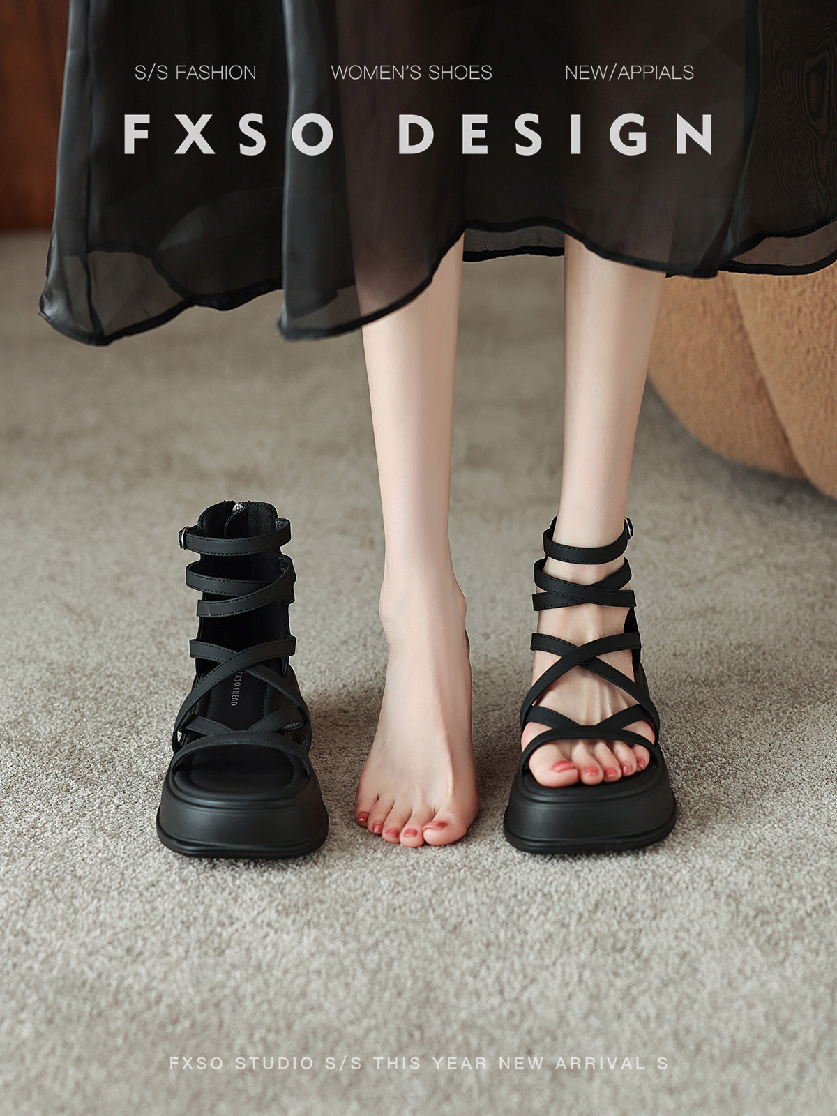 真皮【方巷大叔】2026春季新款罗马凉鞋厚底后拉链通勤绑带凉鞋女主图