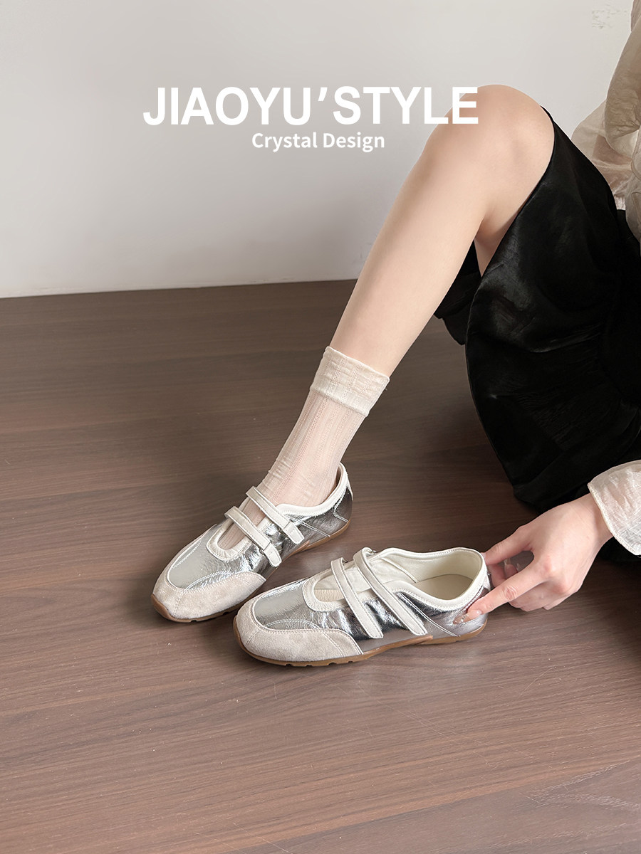 真皮~骄屿银色芭蕾玛丽珍单鞋女2026夏季新款魔术贴休闲运动凉鞋主图