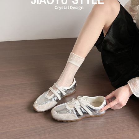 真皮~骄屿银色芭蕾玛丽珍单鞋女2026夏季新款魔术贴休闲运动凉鞋