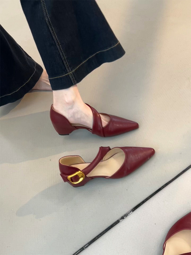 羊皮版~时尚感真皮一字带凉鞋内增高气质简约中空百搭显瘦单鞋夏主图