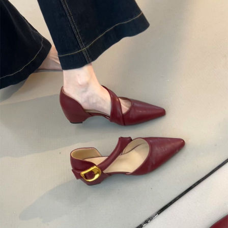 羊皮版~时尚感真皮一字带凉鞋内增高气质简约中空百搭显瘦单鞋夏