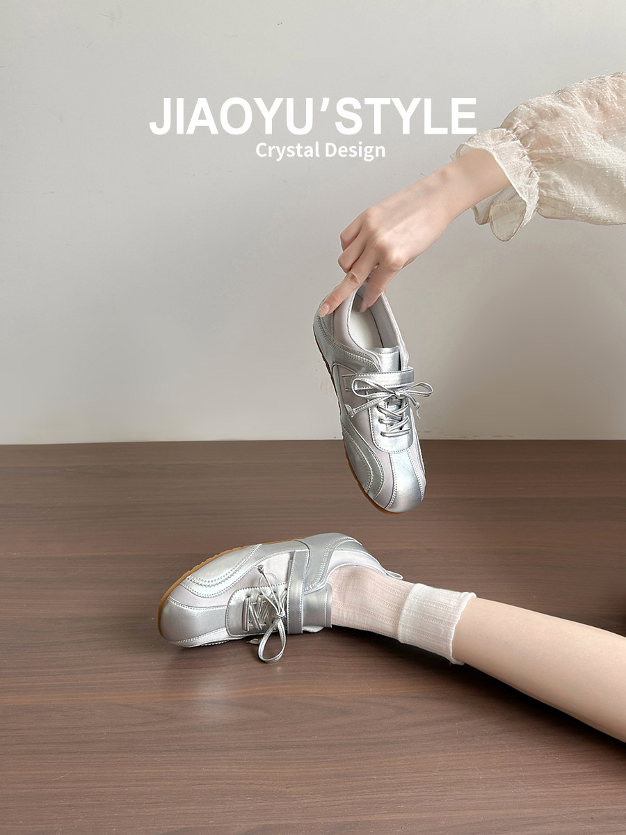 真皮~骄屿复古银色内增高系带德训鞋2026新款轻便运动芭蕾玛丽珍主图