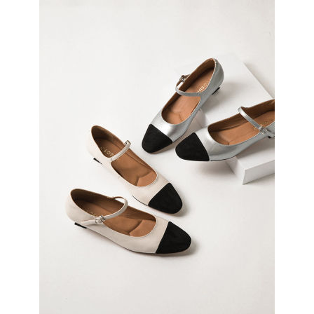 K姐 贵气法式拼色单鞋 真皮舒适百搭法式复古风中跟显瘦女鞋