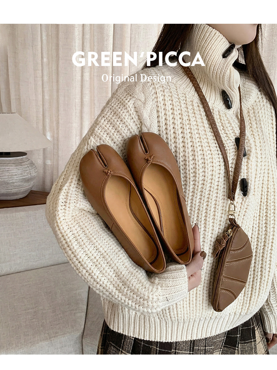 真皮~平底分趾鞋女春季新款芭蕾单鞋小众棕色复古猪蹄鞋玛丽珍鞋主图