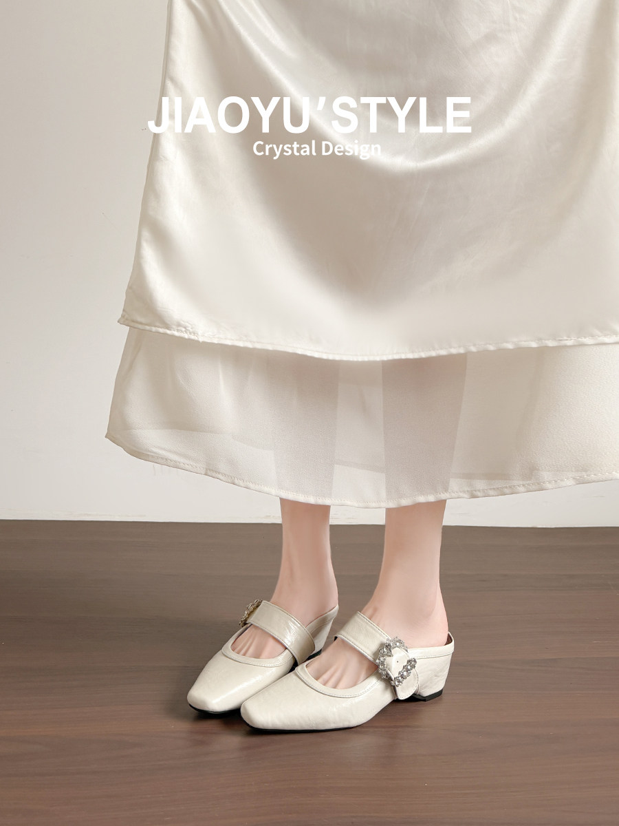 真皮~骄屿方头穆勒包头半拖鞋女外穿2026新款懒人法式包头凉拖鞋主图