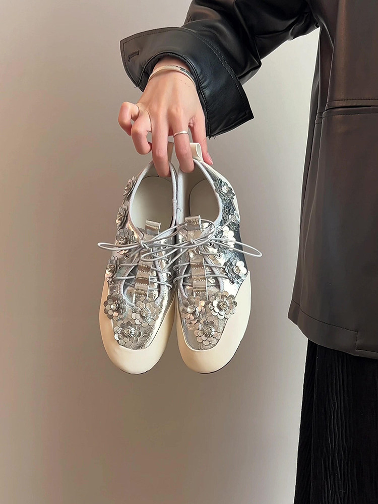 羊皮版~芭蕾风时尚小众花朵深口德训鞋女法式新款韩版运动休闲鞋主图