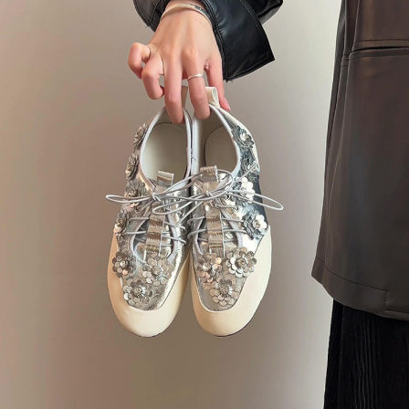 羊皮版~芭蕾风时尚小众花朵深口德训鞋女法式新款韩版运动休闲鞋