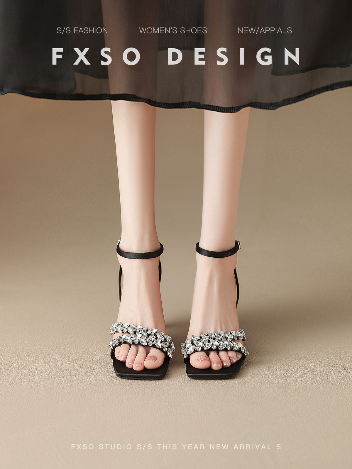 羊皮【方巷大叔】2026春季新款凉鞋方头水钻脚腕带通勤高跟鞋女款主图